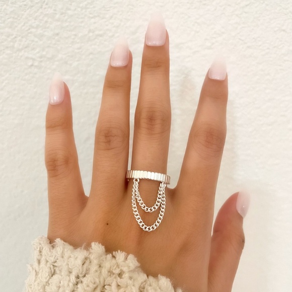 925 Sterling Silver Dangle Chain Drop Ring Minimalist Dainty Ring - Picture 2 of 7